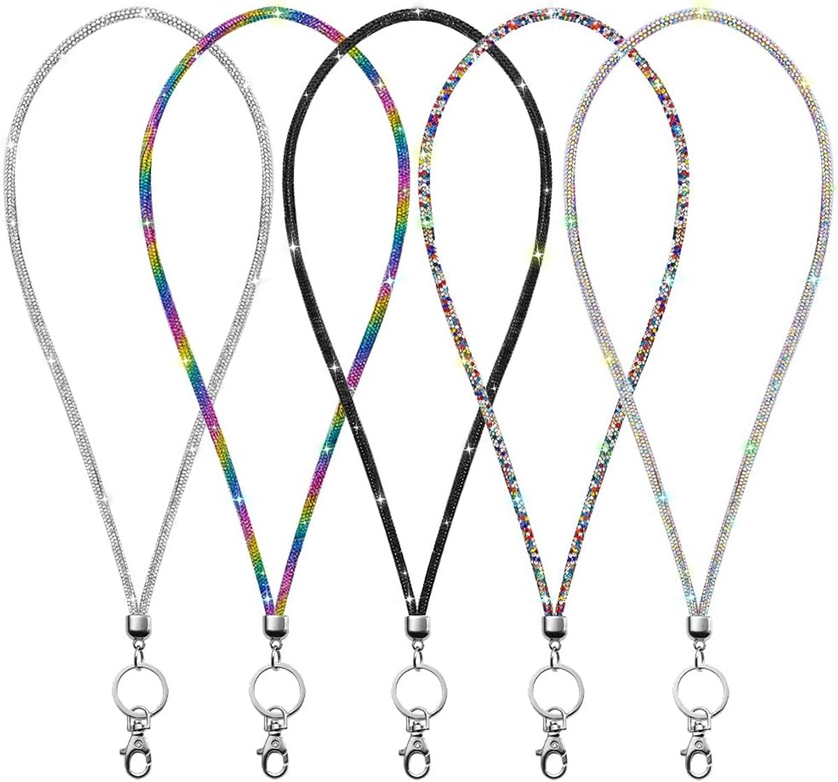 5 Stuks Kaarthouder Lanyard - Bling strass lanyard met kristallen sleutelhangerring voor vrouwen - Damesketting - Sleutelhangerset - voor ID-kaarten, visitekaartjes, buskaartjes, Kristallen kettingkoord, bling sleutelhanger - Cyslmuk®