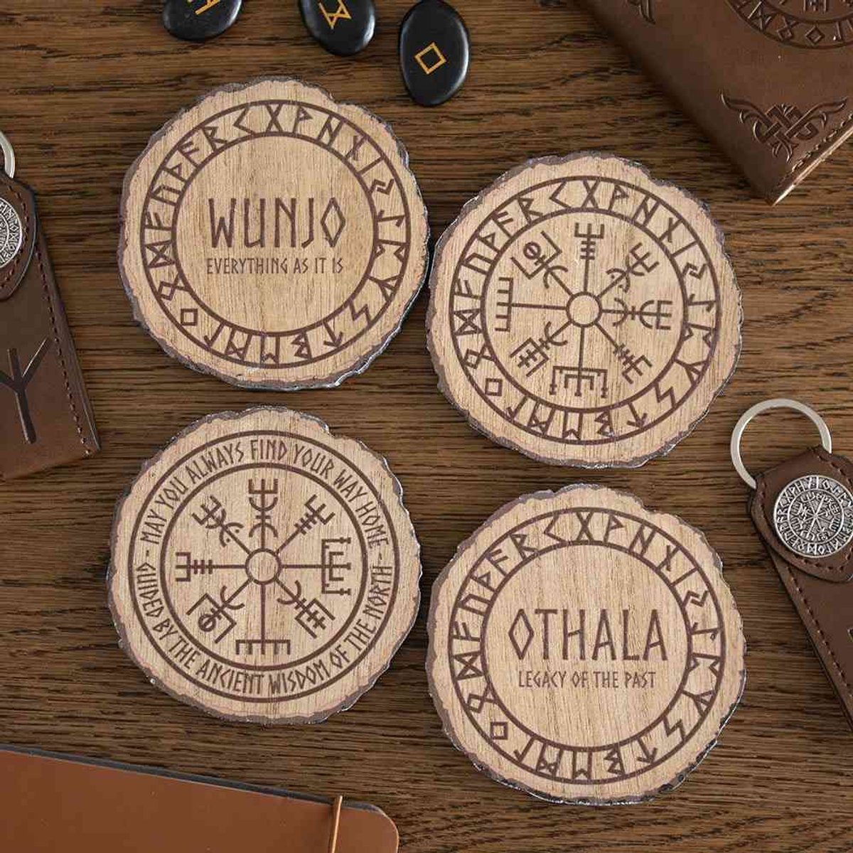 Something Different - Set of 4 Norse Mythology Wood Slice Coasters Onderzetter Set - Multicolours