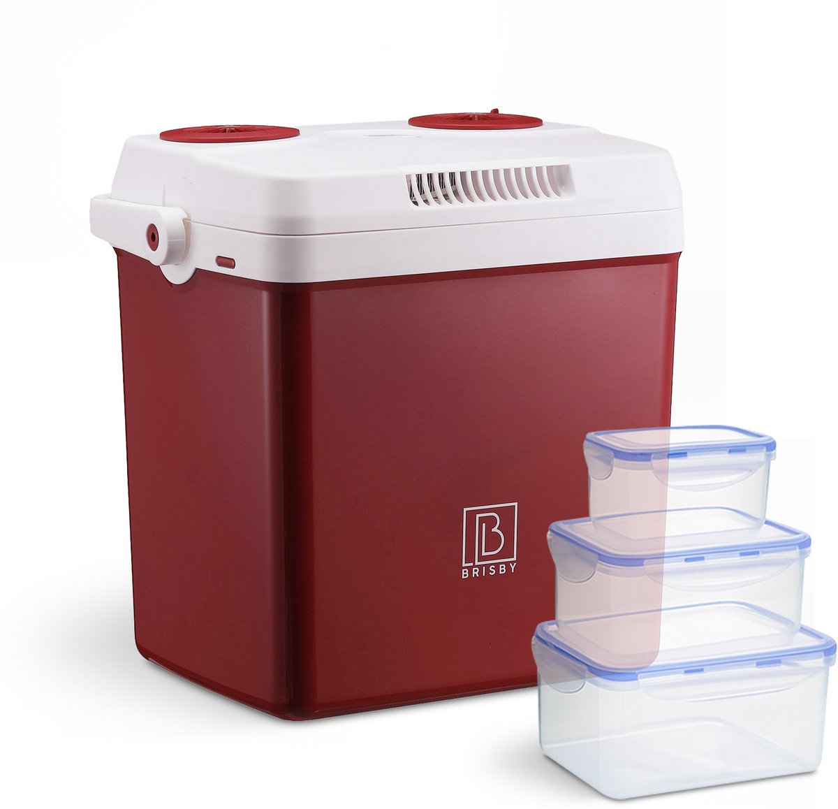 Brisby 25 Liter Elektrische Koelbox Frigobox Deluxe met 12V 220/230 Volt Aansluiting voor Auto en Camping – AC/DC - Coolbox - Divider en Deksel vergrendelstand - ROOD