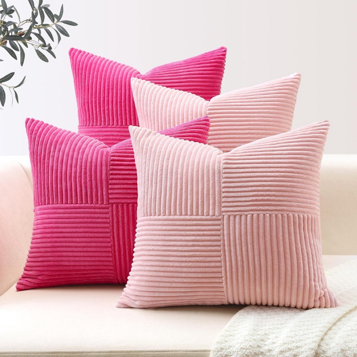 Kussenhoezen 60x60 Cm - Set Van 4 - Roze Corduroy - Kruis Strepen Patchwork Design - Sierkussenhoezen Voor Bank - Sofa - Woonkamer Decoratie