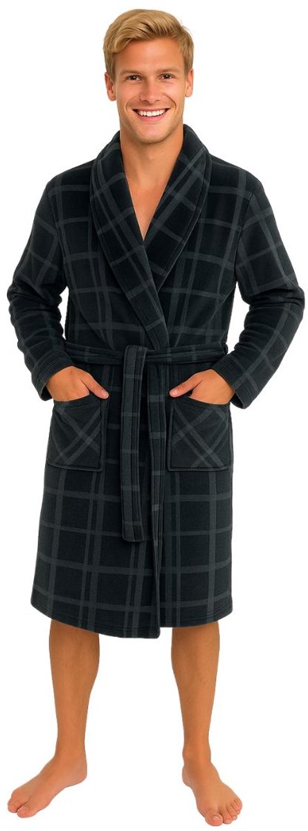 Herenbadjas ruitmotief - fleece badjas - kamerjas - warme badjas - zacht - cadeau voor hem - grijze badjas voor heren - maat XL