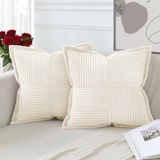 EMEMA Ribfluweel Sierkussenhoezen Set Van 2 - 45x45 Cm Beige Gestreept - Zacht & Decoratief Voor Bank & Slaapkamer