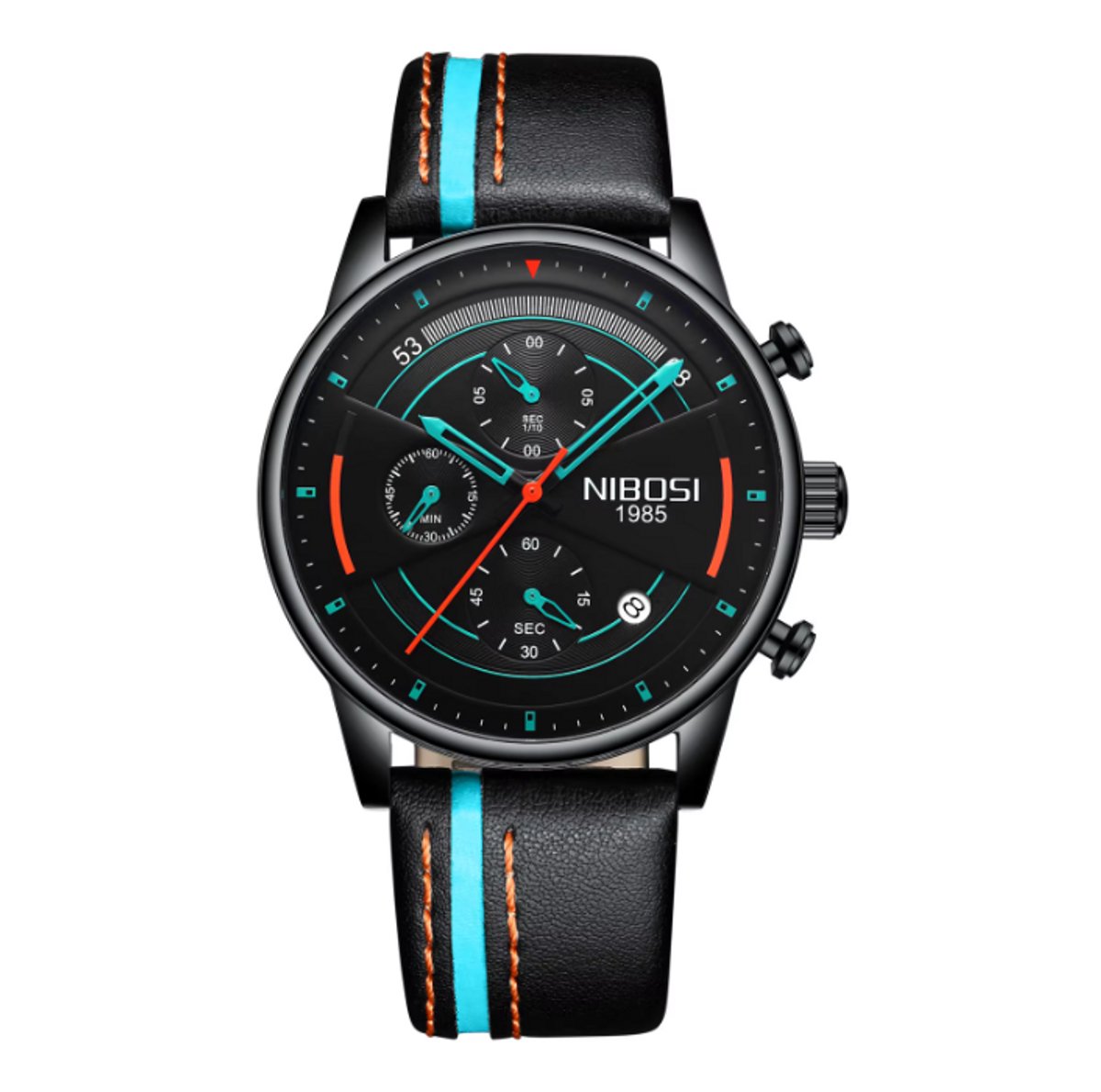 NIBOSI Horloge 2389 - Zwart-Blauw - Heren - Quartz - Waterbestendig - Lederen Band - Stoer en Stijlvol