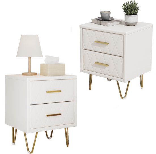 Nachtkastjes Set van 2, Moderne Nachttafel van PU met 2 laden, Bed Nachtkast, Bijzettafels, voor Slaapkamer, Woonkamer, L41 x H51 cm, Beige