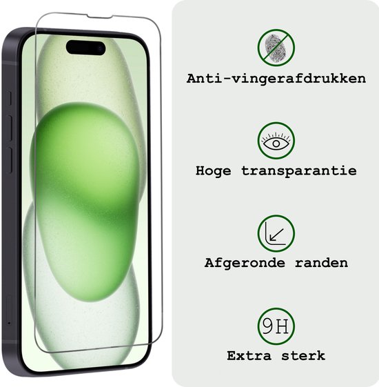 Transparante screenprotector met afgeronde randen en 9H hardheid voor de iPhone 15 Pro.