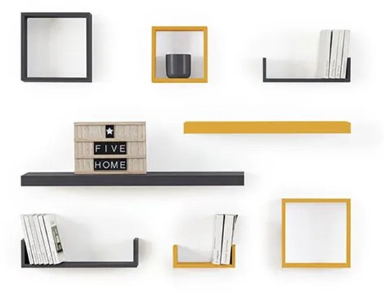 Set van wandplanken in verschillende maten en kleuren, waaronder zwart, geel en houtkleurig.