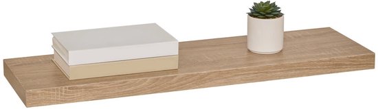 Drijvende plank van eikenhout met boeken en een plant.