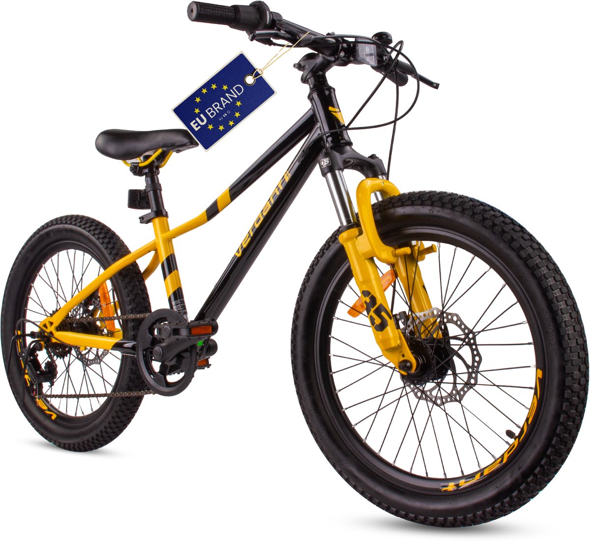Verdant Bike Kinderfiets voor jongens 20 inch wielmaat te kiezen uit 6 versnellingen Shimano van 6 tot 10 jaar in hoogte verstelbaar (Zwart Geel)