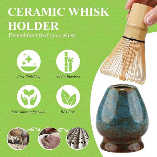 Japanse matcha-ceremonie-accessoireset - 3-delige set inclusief handgemaakte bamboe-garde, lepel/schep voor groene thee en traditionele theelepel - witte keramische garde standhouder en biologische
