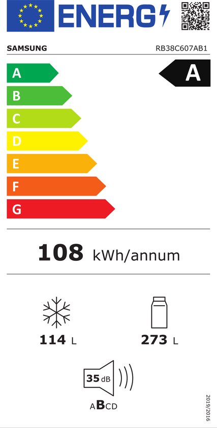 Energie-etiket van een Samsung koelkast met klasse A. 108 kWh/jaar. 114 liter vriesruimte, 273 liter koelruimte. Geluidsniveau 35 dB.