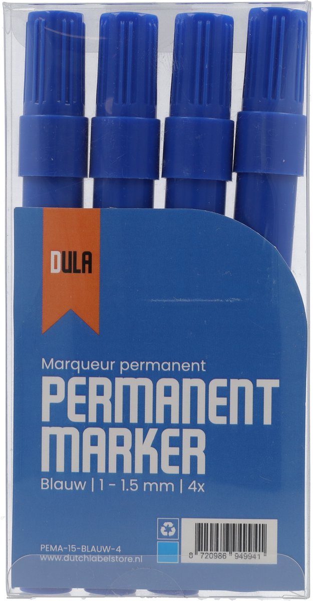 Permanent marker blauw - Permanente stift - 1 - 1.5 mm ronde punt markers - 4 stuks blauwe stiften permanent - DULA