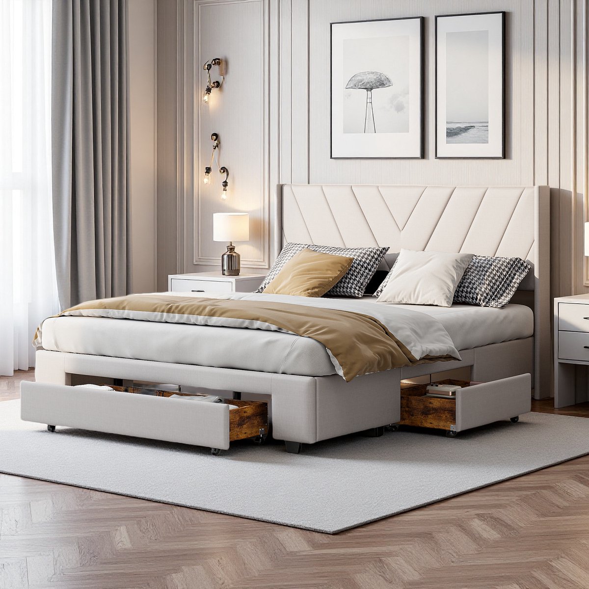 Tweepersoonsbed 160x200 cm – Gestoffeerd Bed met 3 Lade Opbergkasten – Beige, Linnen