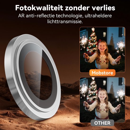 Zilveren cameralensbeschermer met AR anti-reflectie technologie. Twee foto's tonen een meisje met de beschermer (Mobstore) en zonder (OTHER).
