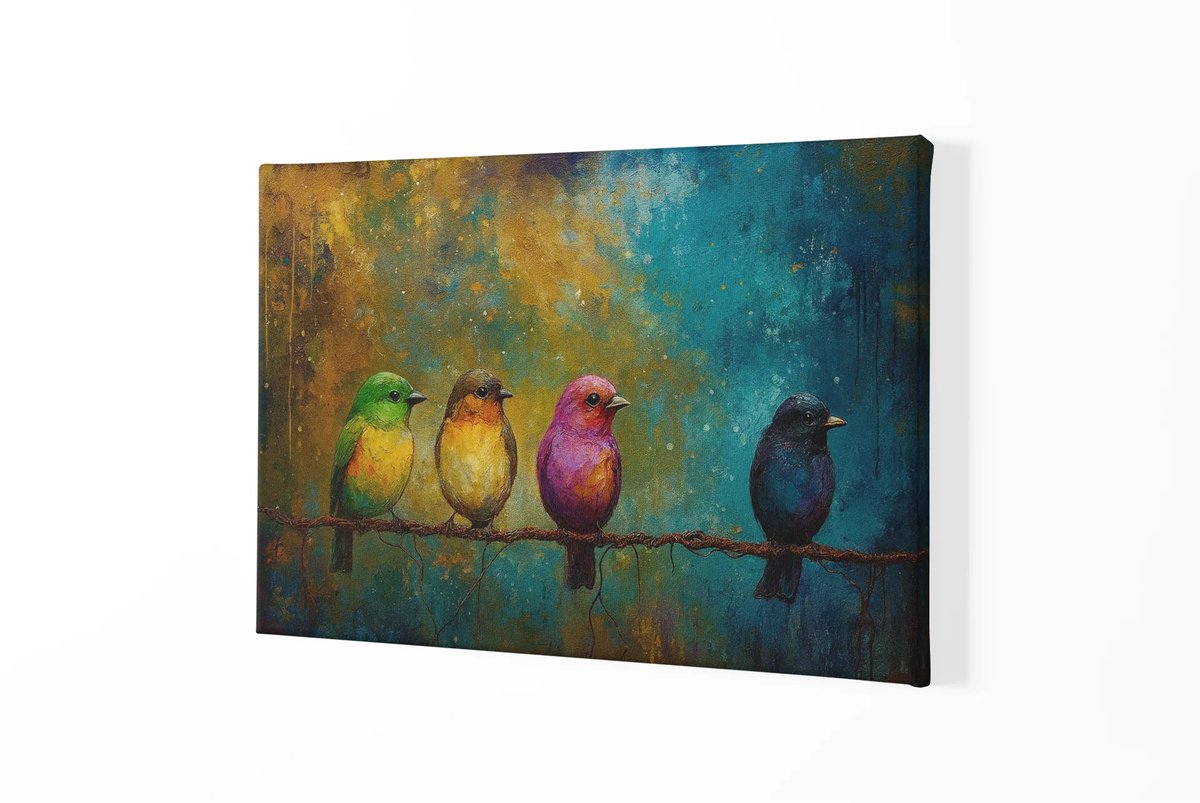 Trendex Global Canvas Schilderij - Vogels op in rij - Kleurrijke Wall Art - 60x40x2 cm
