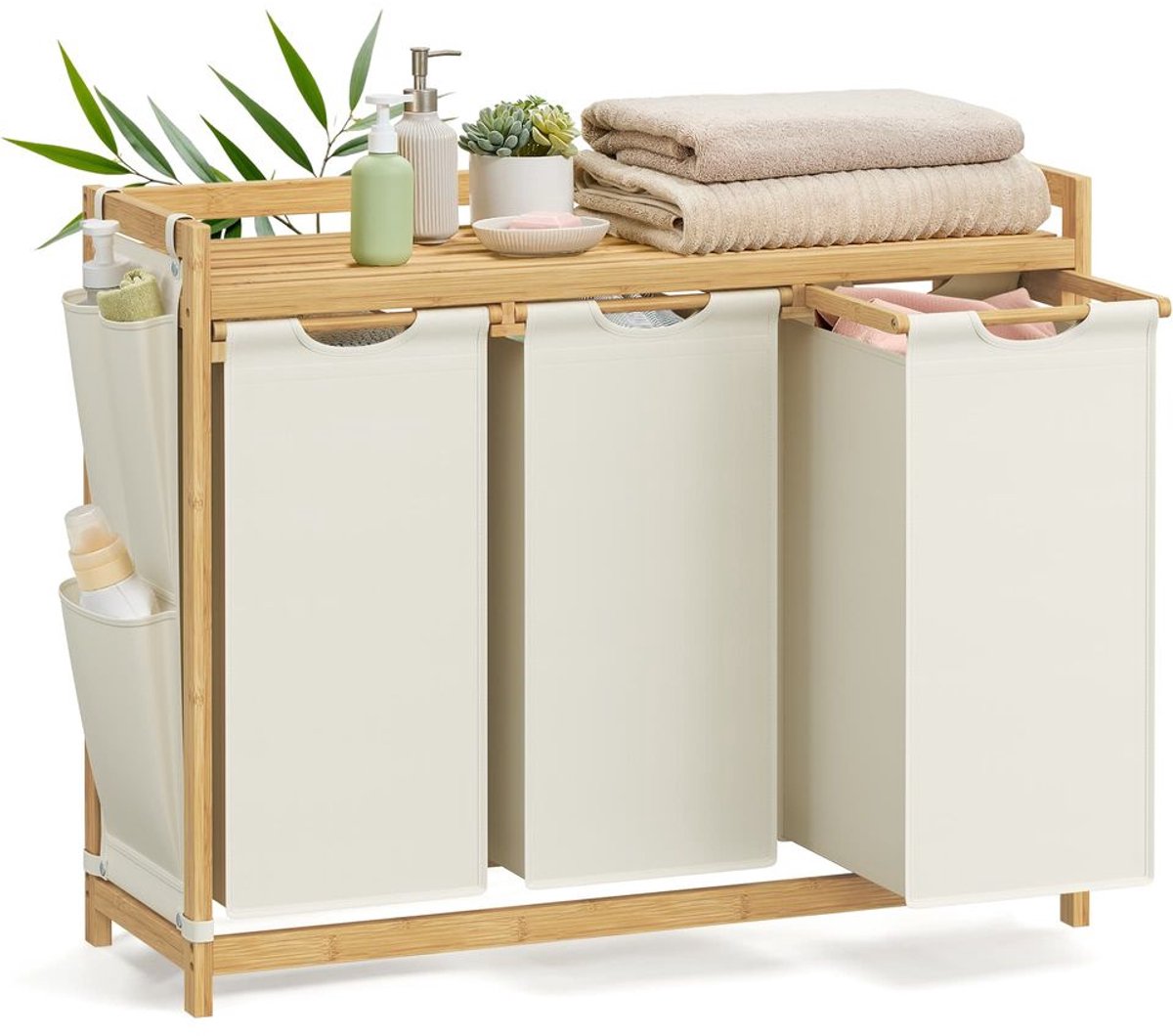 Wasmand 3 Vakken 3 x 50 L 94 x 33 x 78 cm Crèmewit – Grote Opberger
