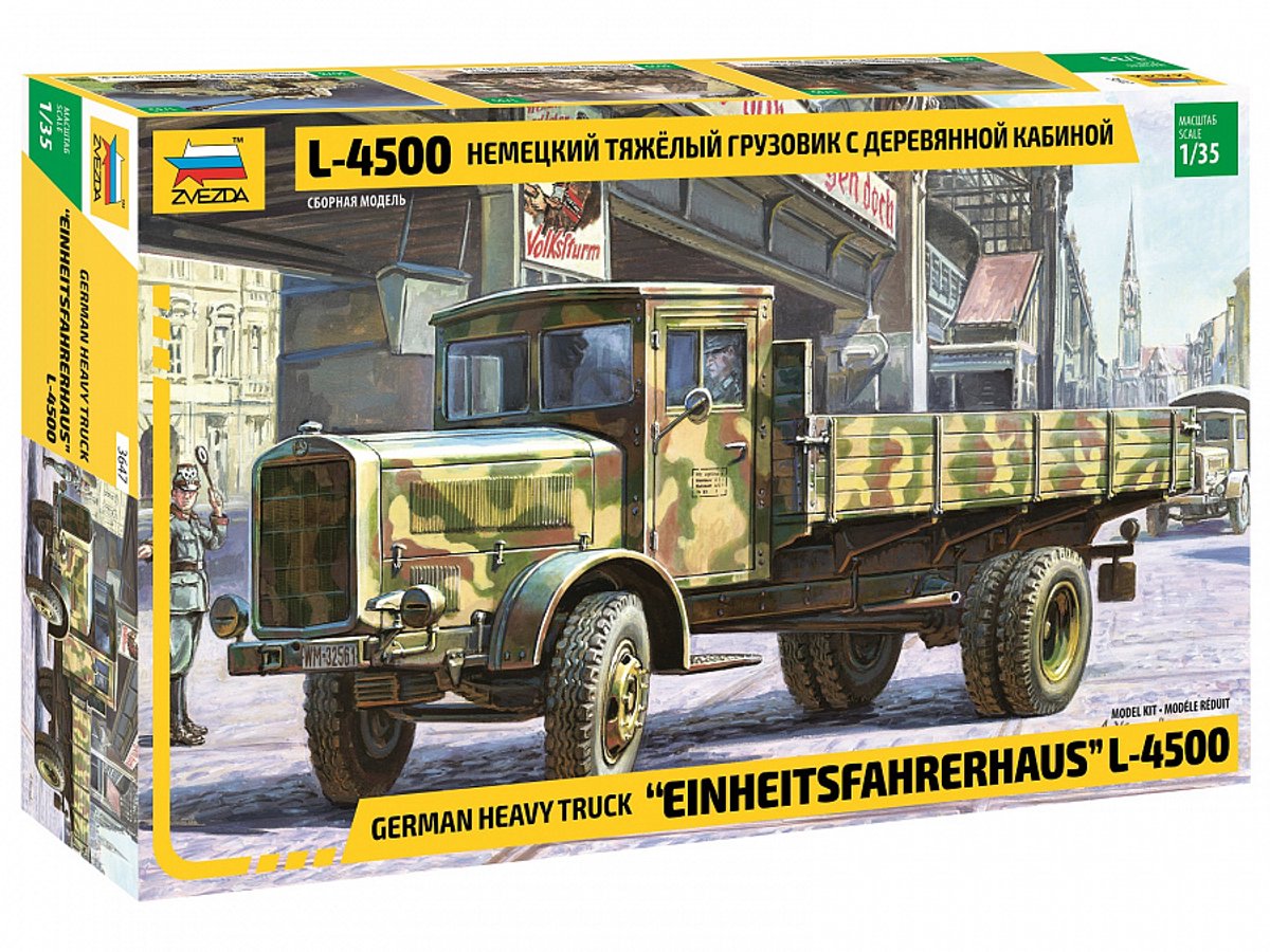 Zvezda Modelbouwpakket Auto - 3647 Duitse Einheitsfahrerhaus - Mercedes Benz L-4500 - Militaire Vrachtwagen Plastic - 1:35 - Modelbouw