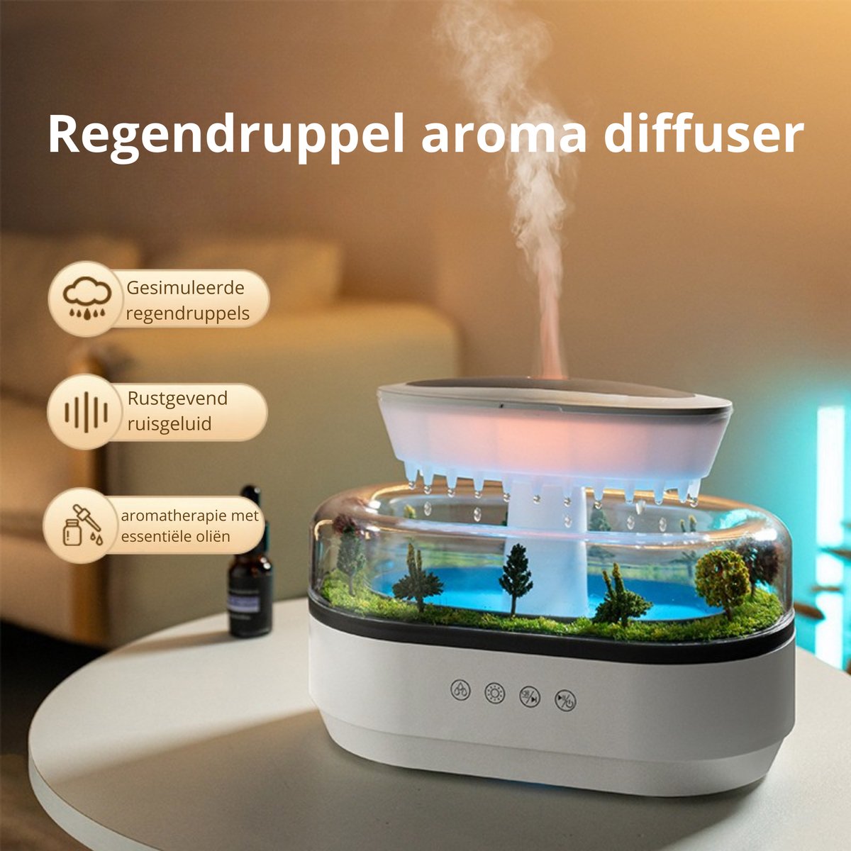 Elevate Regendruppel Aroma Diffuser met LED Sfeerverlichting & Ingebouwde Speaker – Luchtbevochtiger – Aromatherapie met Essentiële Oliën – 200ml – USB – Stil (<35dB)