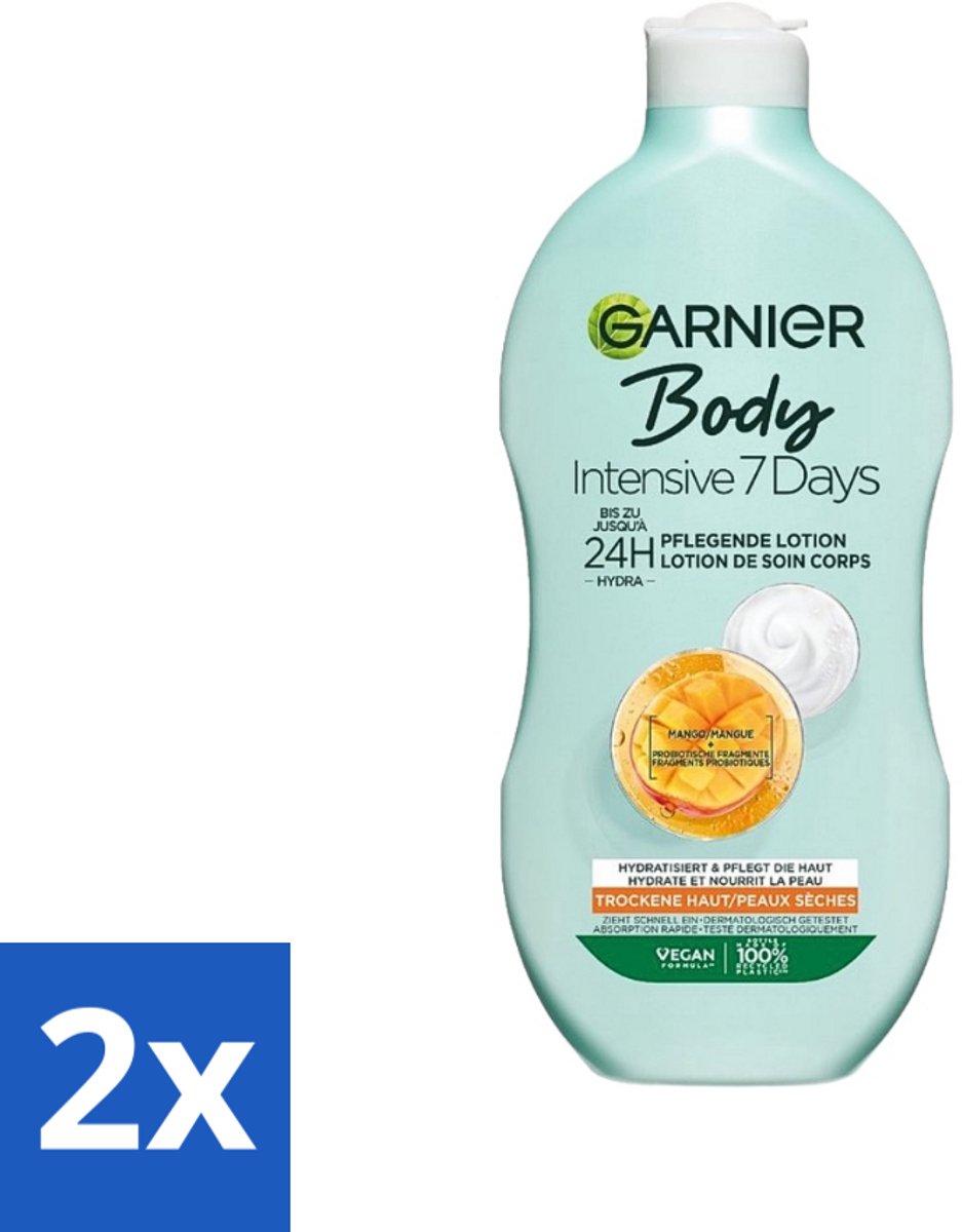 2 x Garnier - Body - Bodylotion - Intensive 7 Days - Verzorgend - Mango-extract & Probiotica - 400 ml - Bodylotion - Intensieve Hydratatie - Droge Huid - Mango Extract - Probiotica