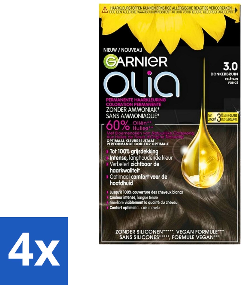 4 x Garnier - Olia 3 - Haarkleuring - Donkerbruin - Zonder Ammoniak - Intense Langhoudende Kleur - 100% Grijsdekking - Permanente Haarkleuring - Haarkleur - Haarkleuring Zonder Ammoniak - Donkere Haarkleur - Grijsdekking
