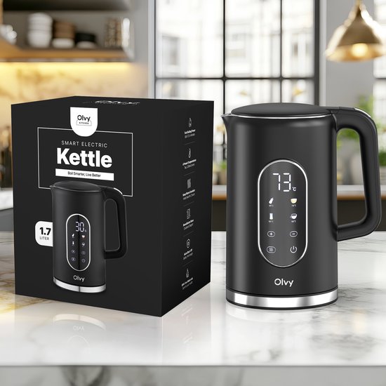 Zwarte Olvy waterkoker met digitale temperatuurweergave en 1.7L inhoud.