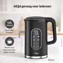Zwarte Olvy waterkoker met 1.7L inhoud, 26cm hoog en 15.5cm breed.