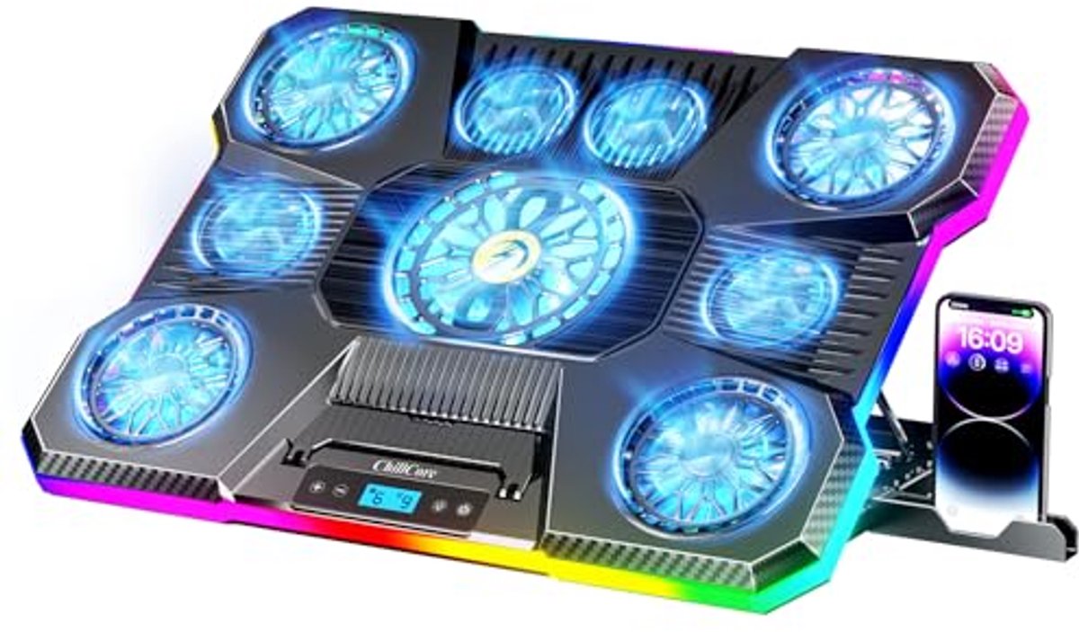 Koelpad voor laptops met RGB-verlichting en 11 ventilatoren, optimale koeling voor gaming