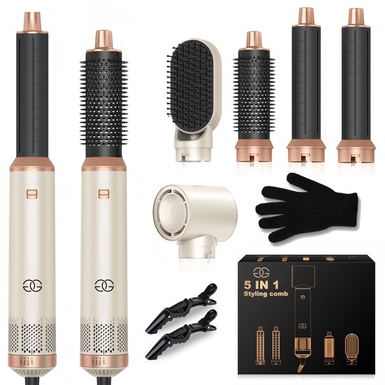 Golden Goods® Airstyler - Multistyler - Sèche-cheveux brosse grès - Fer à boucler 5 en 1 - Brosse à boucler jusqu'à 110 °C - Sèche-cheveux avec 5 accessoires - Sèche-cheveux Styler 1000 W - Gant résistant à la chaleur inclus