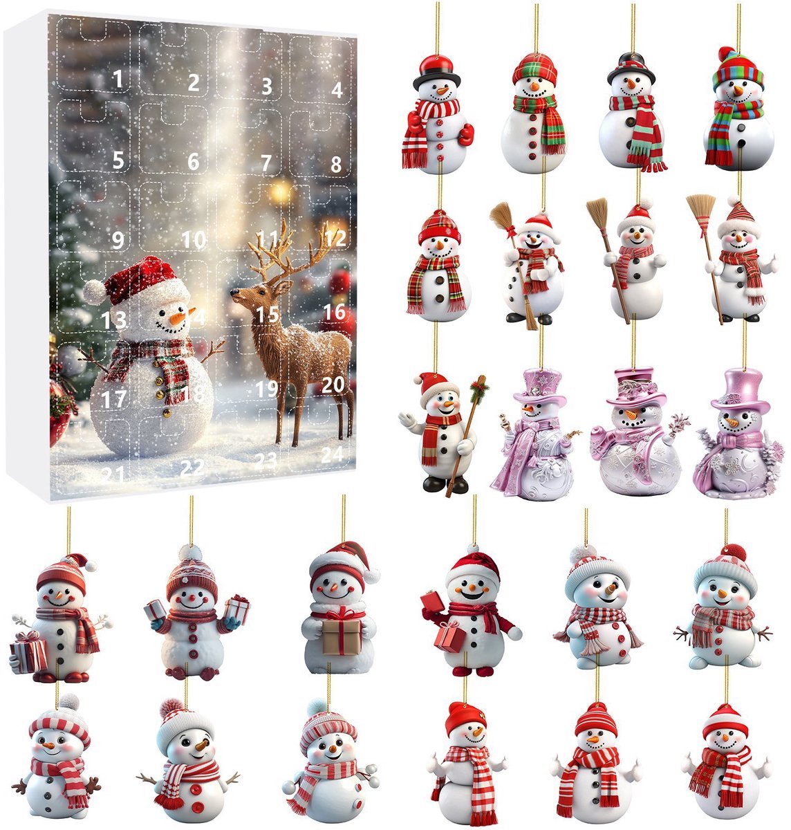 Kerst Adventskalender 2025 met 24 lege sneeuwpop hangers in acryl, voor kerstboom ornamenten.