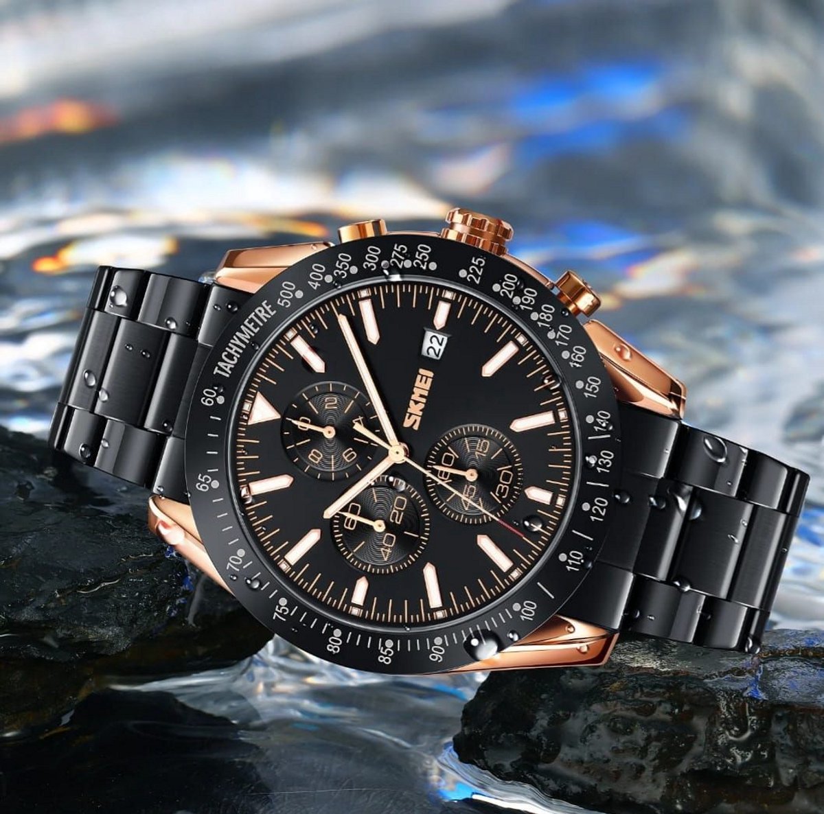 SKMEI Heren Chronograaf Horloge Rose gold - zwart - Quartz Beweging met Datum en Stopwatch - Robuust Zinc Legering Design in 4 Kleuren