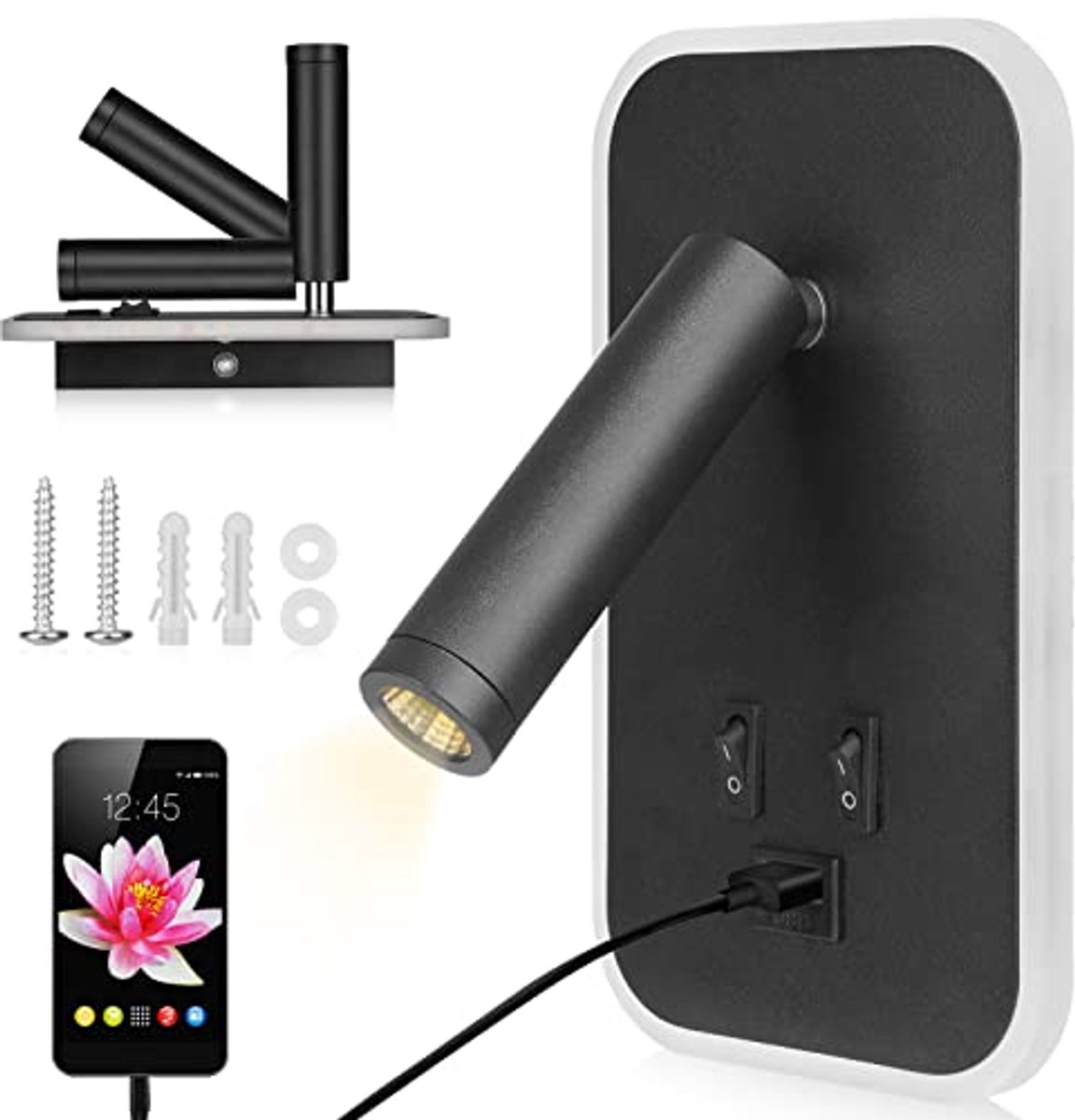 Verstelbare led-wandlamp met USB-oplaadpoort en schakelaar voor nachtkastje - zwart