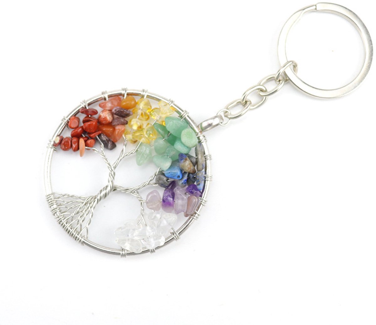 Zilverkleurige Sleutelhanger met Levensboom & Edelsteentjes - Spirituele Gelukshanger - Boho Sleutelhanger voor Sleutels, Tas of Auto - Symboliseert Geluk, Balans & Energie - Edelsteen Sleutelhanger - Cadeau voor Vrouwen & Mannen