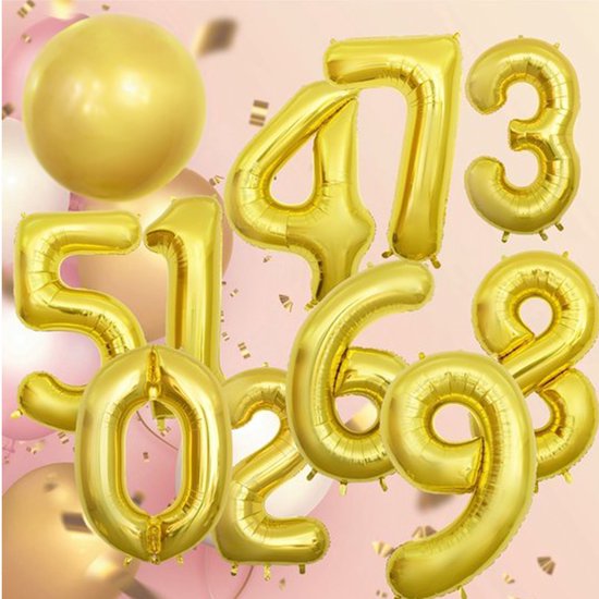 Gouden cijferballonnen 0, 1, 2, 3, 4, 5, 6, 7, 9 met roze ballonnen