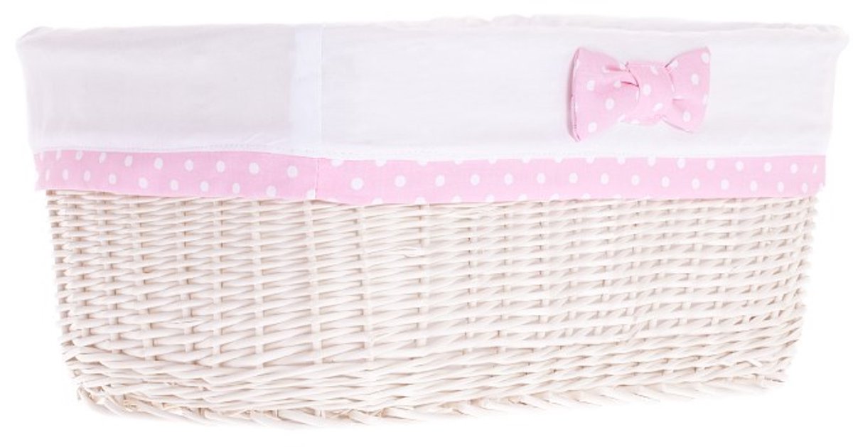 The Wicker Stories – Rieten mandje met witte afwerking – Met stoffen voering met pastelroze rand – Handgemaakt in Europa – Whitewash
