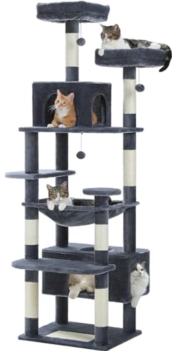 Grote kattentoren van 184 cm voor grote katten met krabpalen en kussentjes, grijs