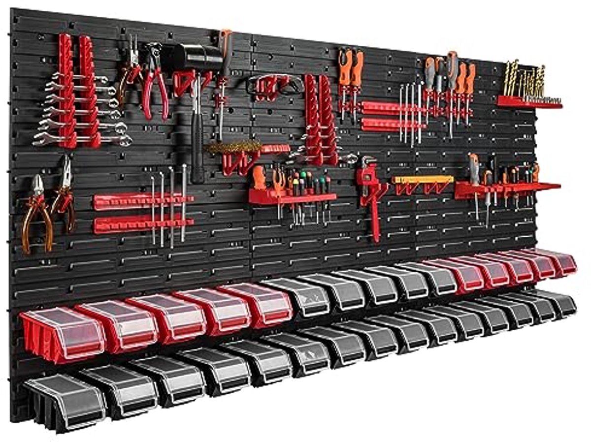 Wandrek 178 x 78 cm met 30 opbergbakken en gereedschapshouder voor werkplaats en garage