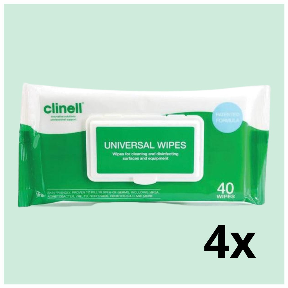 TensCare Clinell hand- en oppervlaktedoekjes - 4 stuks - Universele Reinigings- en Desinfectiedoekjes – Alcoholvrij - Voor Oppervlakken – Doodt 99,99% van Bacteriën & Virussen – Werkt Binnen 10 Seconden - Voor reiniging van probes en units