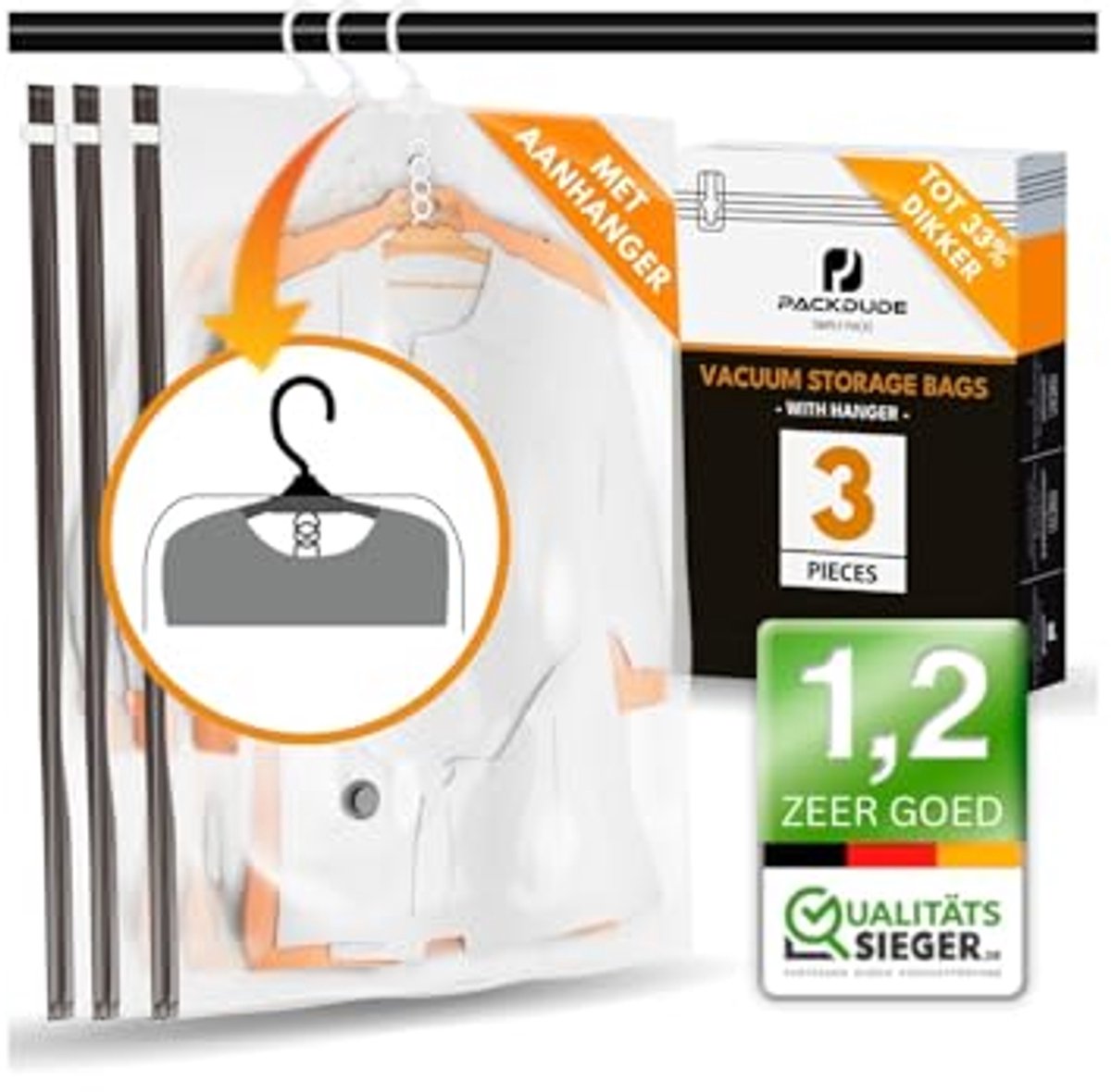 Hanging Vacuum Bags for Clothes - 3PCS XL Storage Solution (100x70cm)