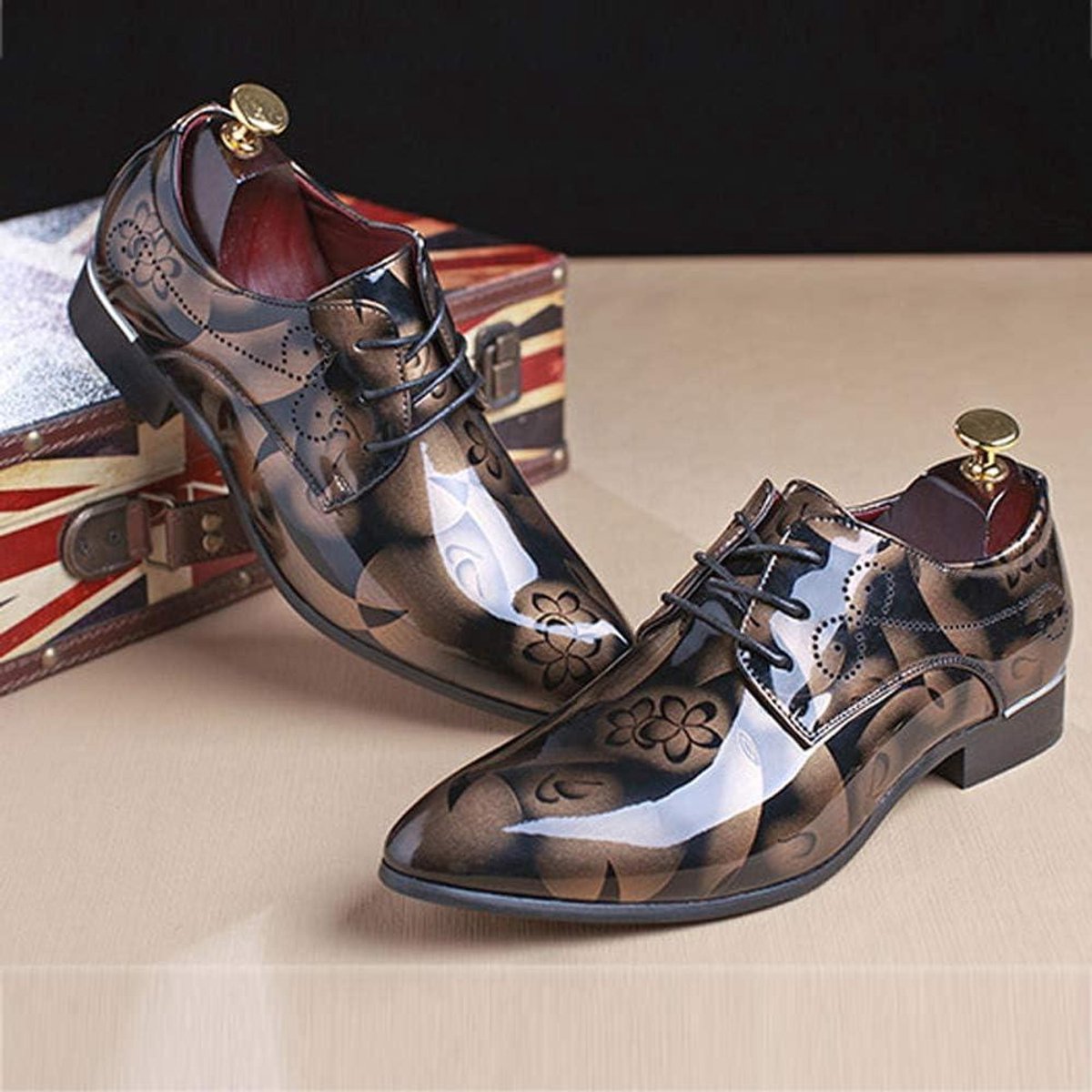 Fluwelen Florale Derby Schoenen met Veters voor Heren Formele Zakelijke Schoenen Puntneus Blauwe Bloemmotief