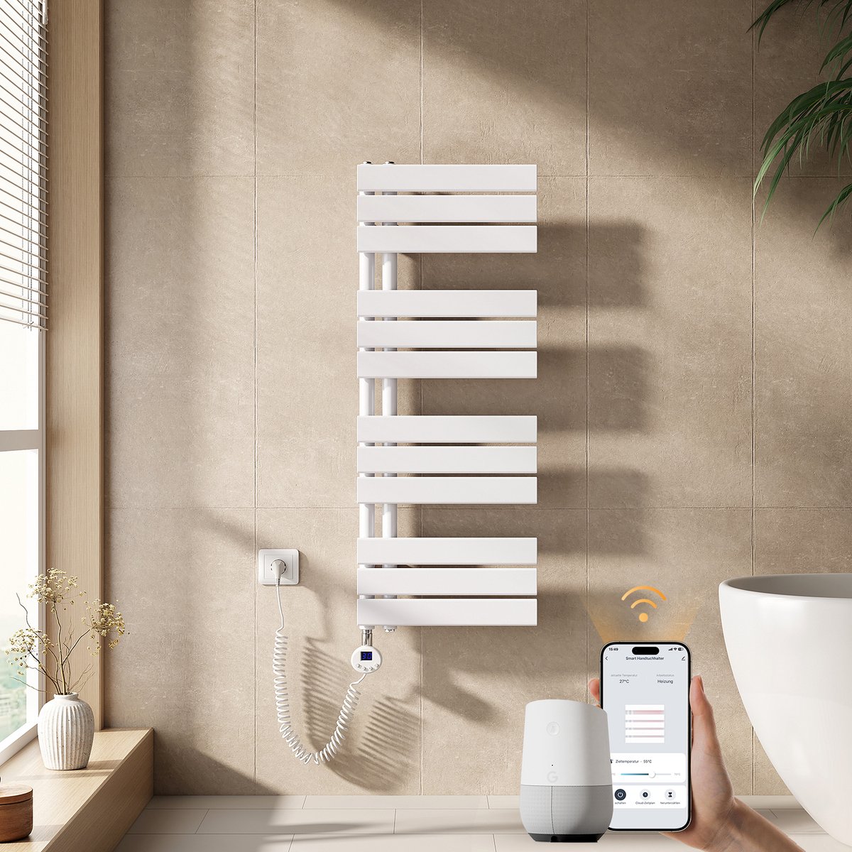 EMKE Elektrische Handdoekradiator - Slimme Bediening - APP Week Timer - 104x40cm - 400W - Glans Wit