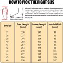 Grafiek met illustratie van een voet en een maattabel voor sportschoenen met EU-maten, voetlengte, binnenzoollengte en -breedte.