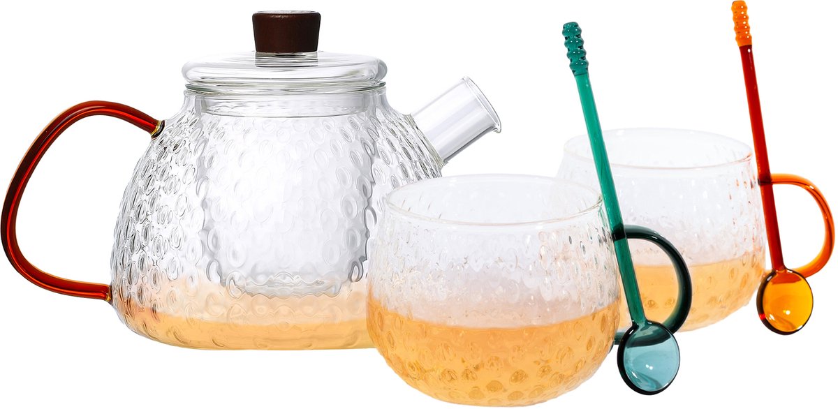 Point-Virgule set van theepot met filter, 2 mokken en lepeltjes van borosilicaatglas