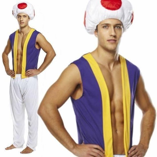 Henbrandt - VOLWASSENEN HEREN 3-Delig Paddenstoel Kostuum, bestaande uit: Overhemd, Broek en Paddenstoelen Muts - Mario Paddestoel Kostuum - TOAD uit Mario Kart - Carnavalskleding - Verkleedkleding - Vrijgezellenfeest - Man - Maat: ONE SIZE FITTS ALL