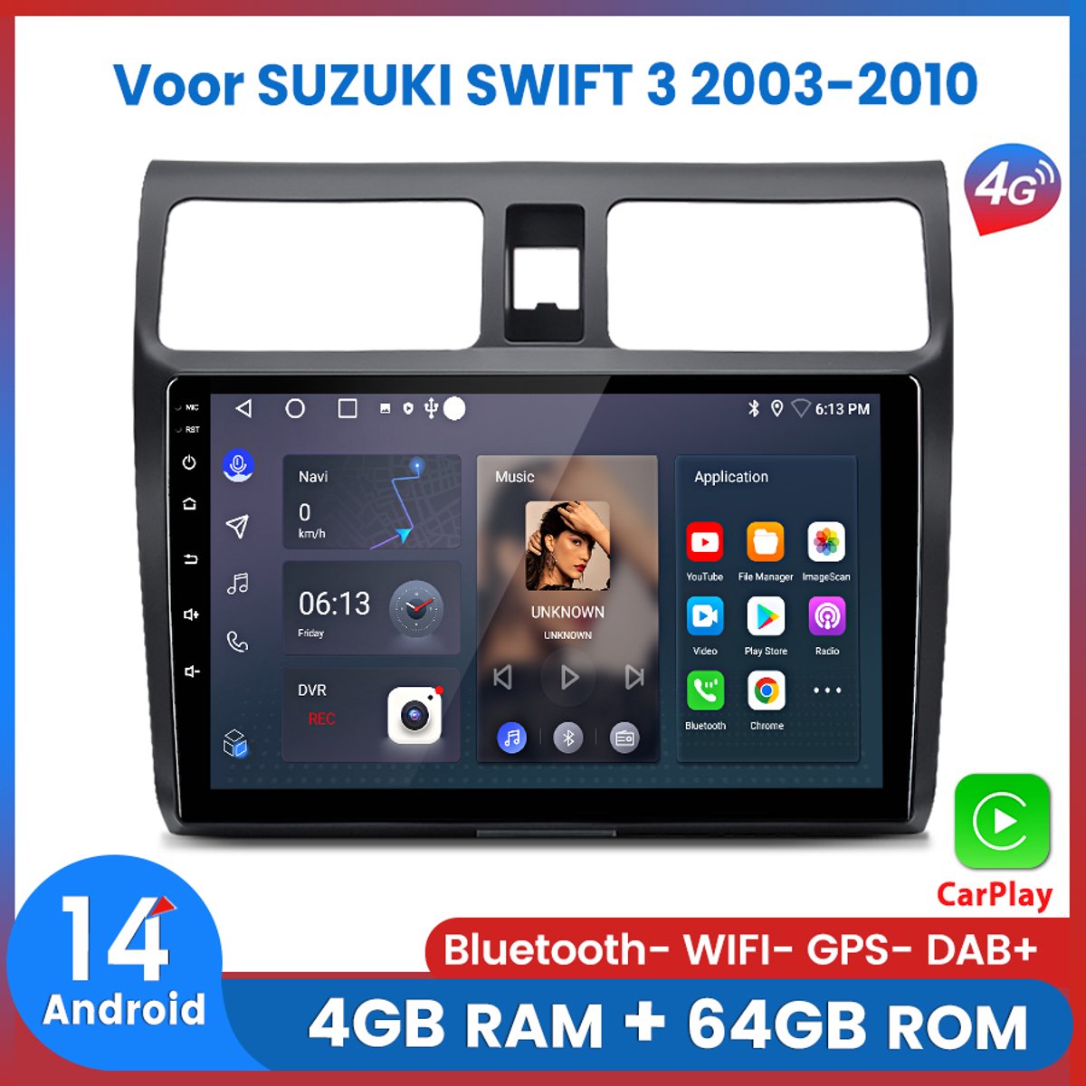 Awesafe 8-Core 4+64GB Autoradio - Geschikt Voor SUZUKI SWIFT 3 2003 t/m 2010 - Draadloze Carplay Android Auto - Touchscreen - GPS Navigatie 4G WiFi - Bluetooth Radio - 2003 2004 2005 2006 2007 2008 2009 2010
