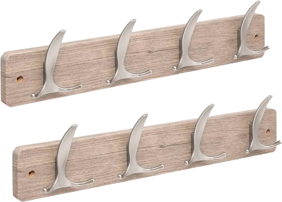 5Five Kapstok - 2x - 4 ophang haken - RVS - grijs/zilver - 45 x 10 cm - wandkapstok - voor hal of badkamer