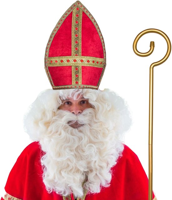 Sinterklaas verkleed set - baard en snor - staf - Mijter - Goed Heiligman