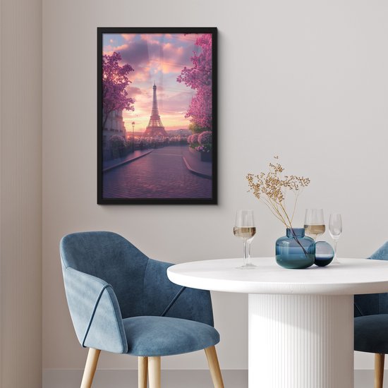 Poster in lijst - Fotolijst 40x60 cm - Posters - Eiffeltoren - Parijs - Roze - Posterlijst zwart - Decoratie - Wanddecoratie woonkamer - Muurdecoratie slaapkamer
