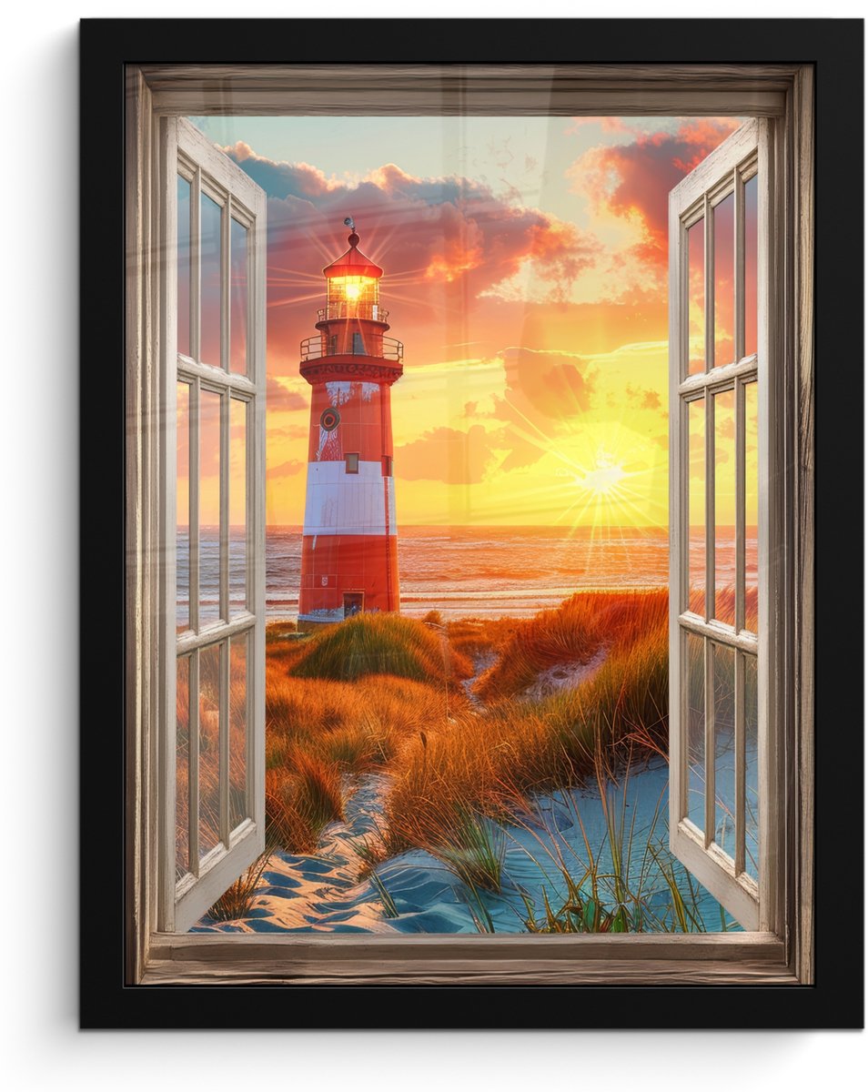 FrameYourWall Poster in lijst - Fotolijst 30x40 cm - Posters - Doorkijk - Raam - Vuurtoren - Zonsondergang - Strand - Posterlijst zwart - Decoratie - Wanddecoratie woonkamer - Muurdecoratie slaapkamer Zonsondergang - Vuurtoren