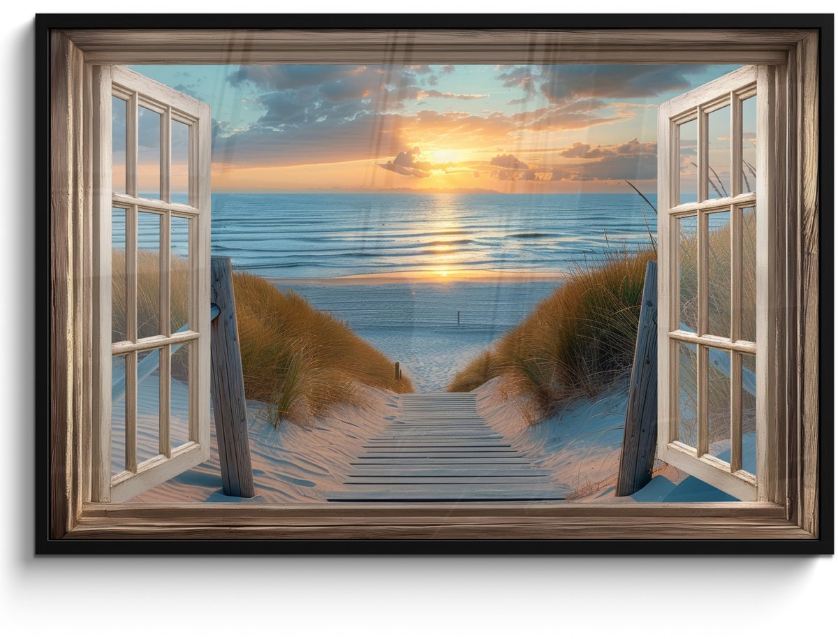 FrameYourWall Poster in lijst - Fotolijst 120x80 cm - Posters - Doorkijk - Strand - Pad - Zonsondergang - Posterlijst zwart - Decoratie - Wanddecoratie woonkamer - Muurdecoratie slaapkamer Zonsondergang - Zee