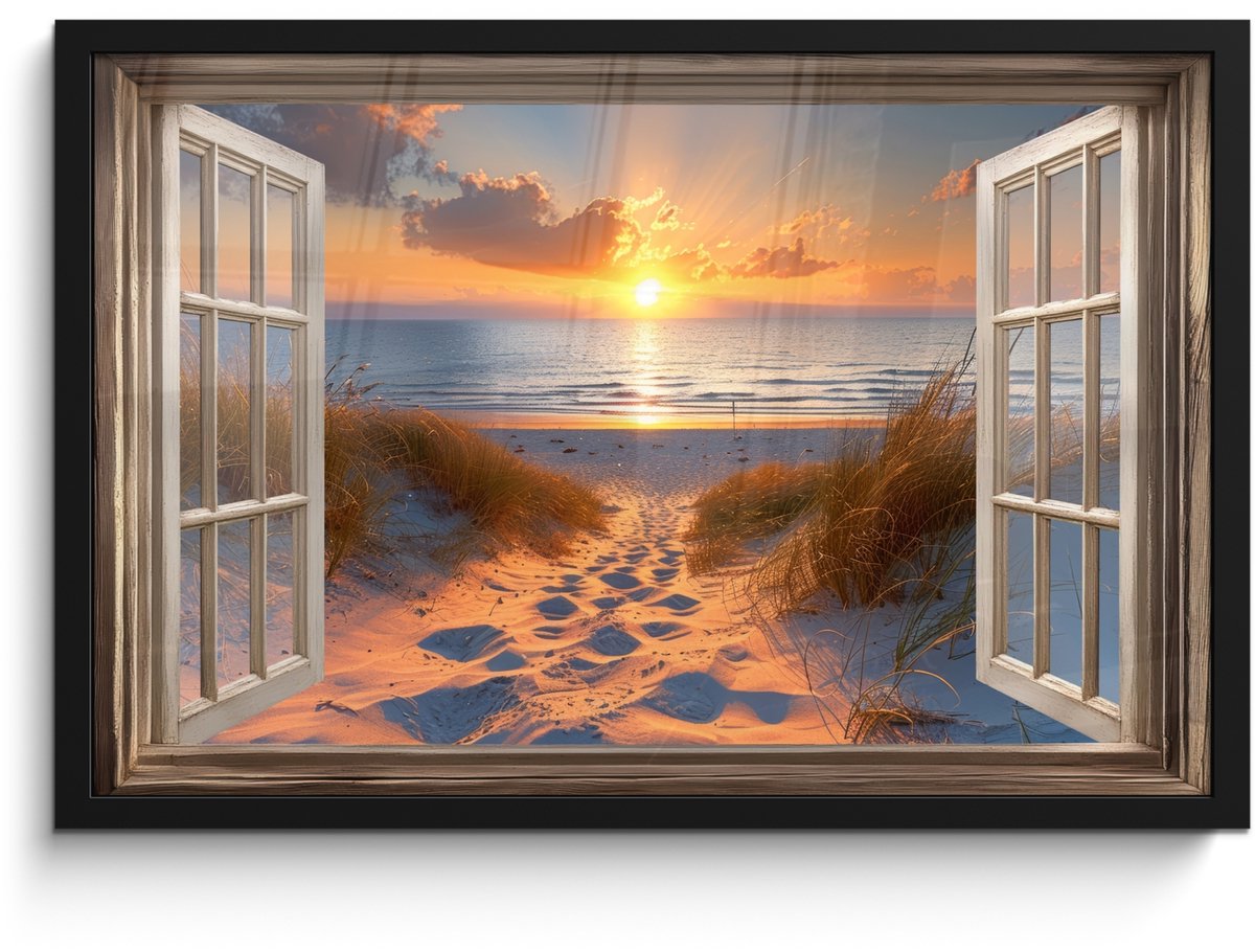 FrameYourWall Poster in lijst - Fotolijst 60x40 cm - Posters - Doorkijk - Strand - Duinen - Zonsondergang - Posterlijst zwart - Decoratie - Wanddecoratie woonkamer - Muurdecoratie slaapkamer Zonsondergang - Duinen