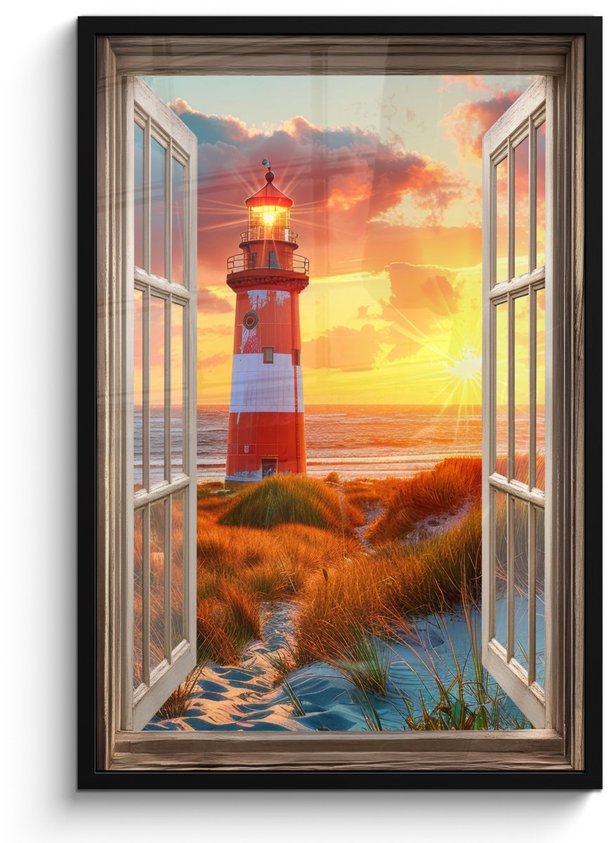 FrameYourWall Poster in lijst - Fotolijst 60x90 cm - Posters - Doorkijk - Raam - Vuurtoren - Zonsondergang - Strand - Posterlijst zwart - Decoratie - Wanddecoratie woonkamer - Muurdecoratie slaapkamer Zonsondergang - Vuurtoren
